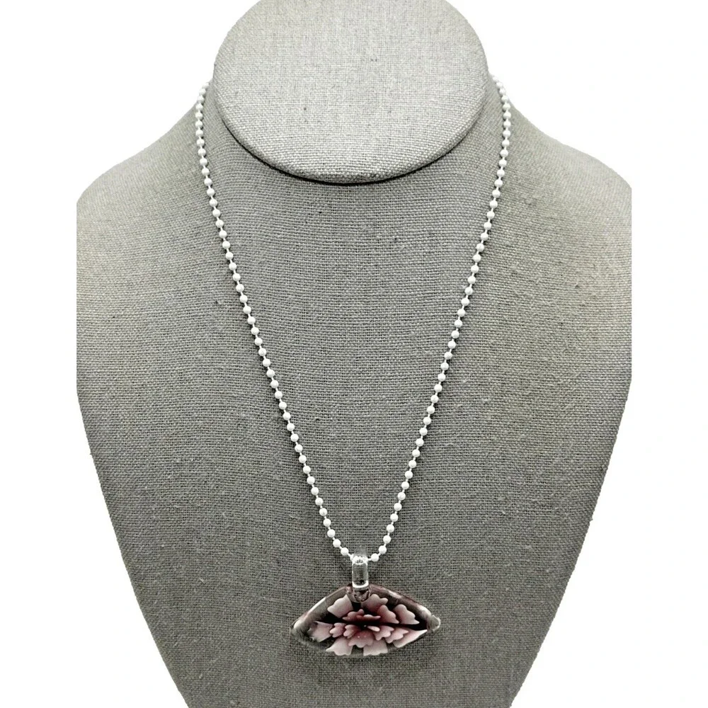 Artisan Lampwork Glass Floral Pendant Necklace Pink Purple Hand Blown 18” Chain